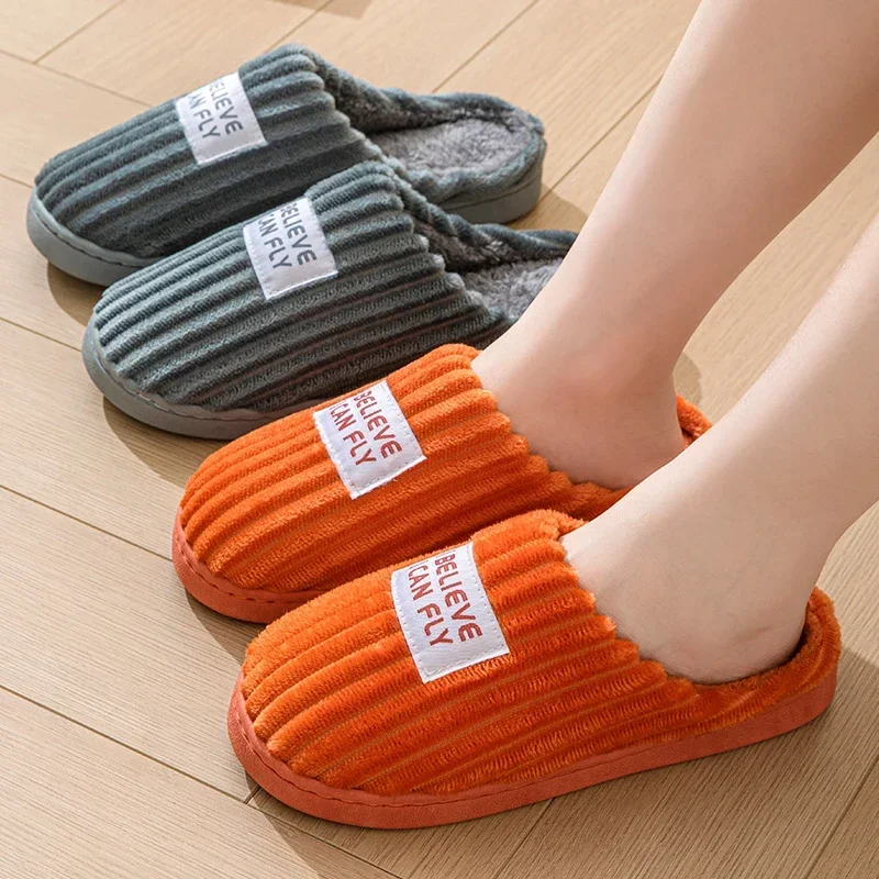 Winter Warm Short Plush Women\'s Cotton Slippers Indoor Home Casual Toe Wrap Slides Men Anti Slip Autum Word Stripe Soft Shoes