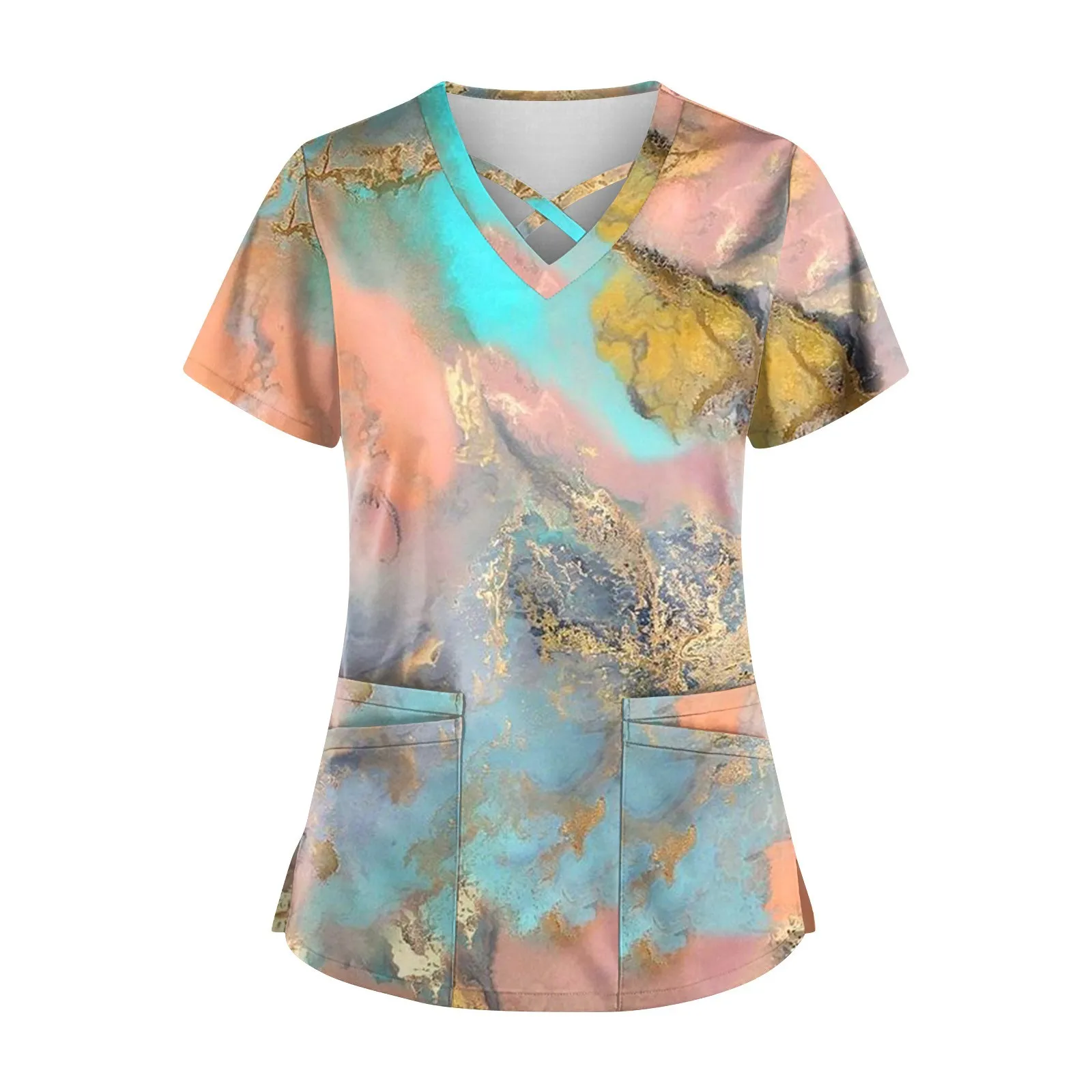 Nurse Uniform Women Nursing Scrubs Tops Short Sleeve Marble Print Working T Shirt Pockets Tunics Uniform Nursing Workwear