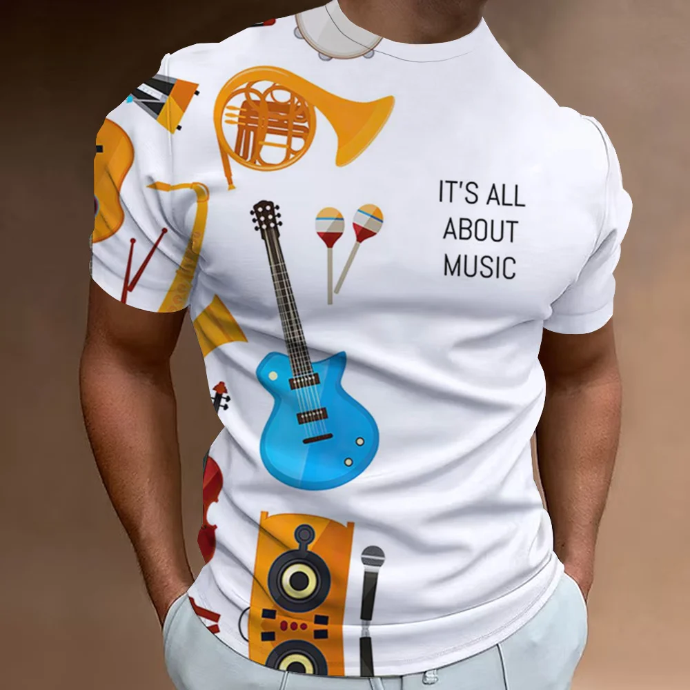 Retro Men'S T-Shirt 3d Music Notes Printed Men Clothing Daily Casual Short Sleeve Street Designer Tees Top Loose Oversized Shirt