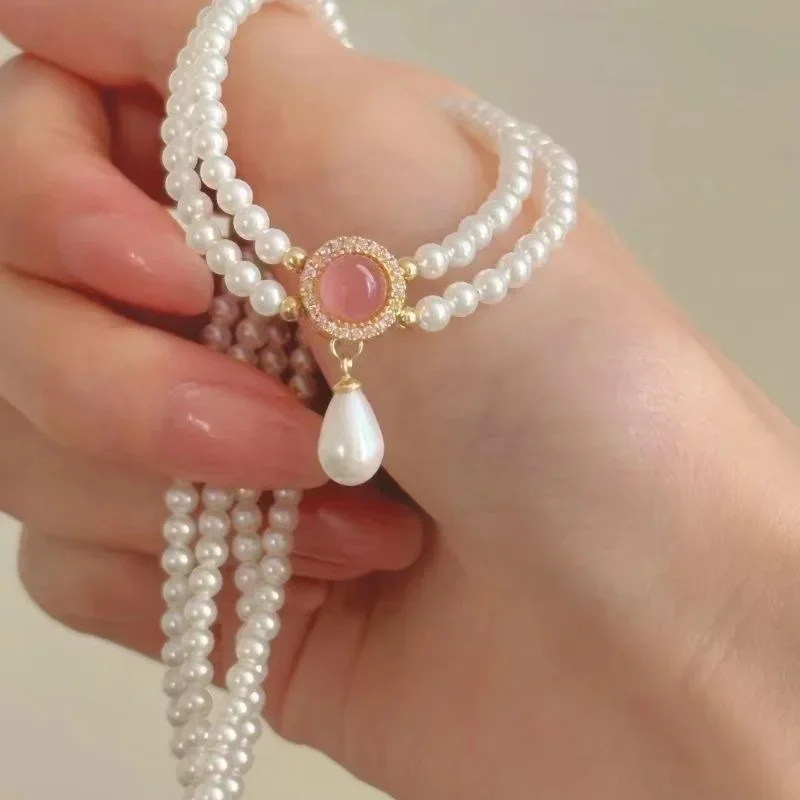 Charm Pearl Jewelry Sets for Women Fashion Temperament Pink Blossom Powder Zircon Pendant Necklace Ring Earrings Wedding Gifts