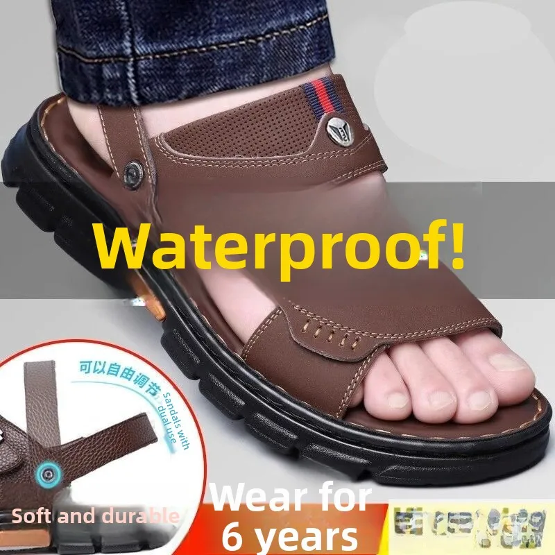 

Outdoor Driving Soft Bottom Genuine Leather Sandals Men's Summer Casual Two-Way Wear Breathable Anti-Slip Beach Shoes