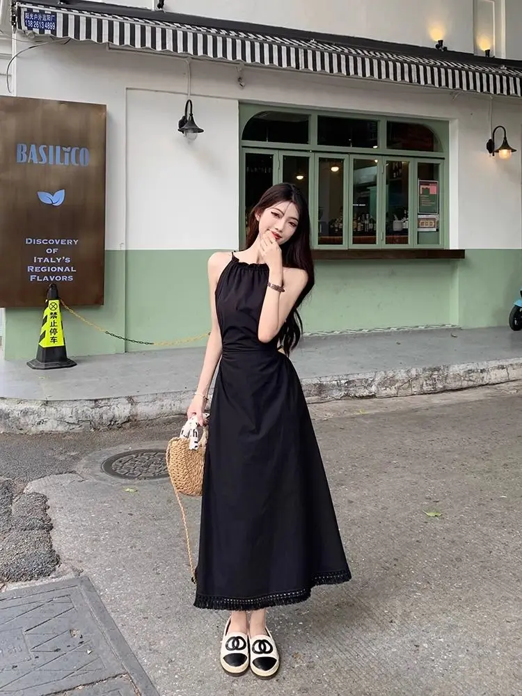 

Summer Black Beige Tassel High Waist Sleeveless Off Shoulder Party Long Dress Women Purple Elegant Pleated Halter Lace-up Dress