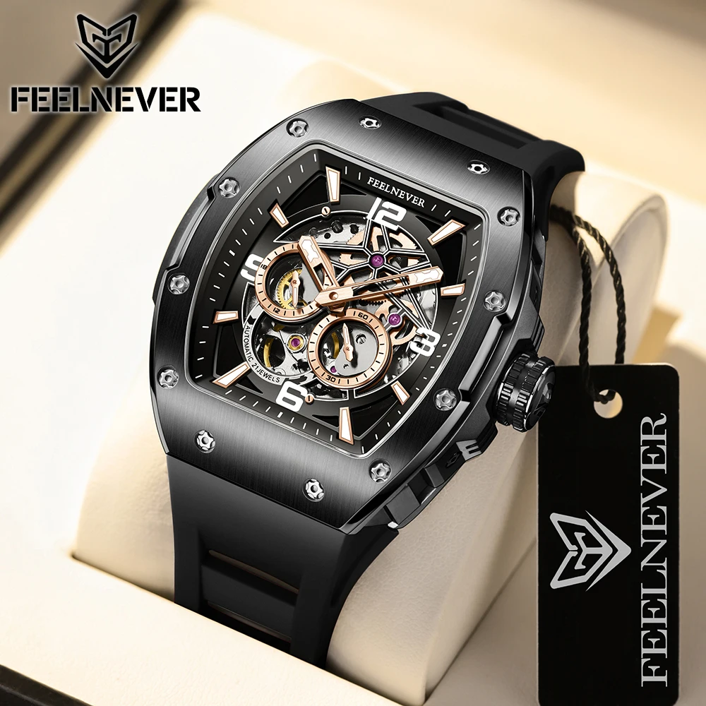 FeelNever Men Watch Brand Tonneau Automatic Mechanical Luminous Original Hollowing Out Movement Sapphire Independent Second Dial view 2