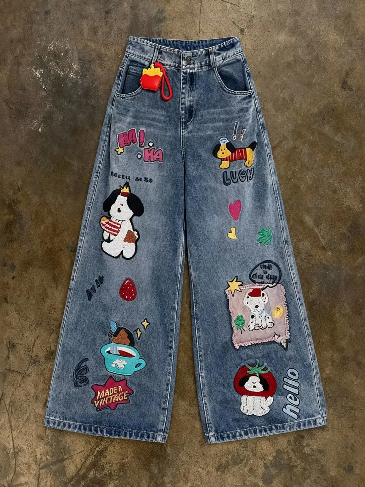 

Cartoon Embroidered Loose Straight Leg Jeans Men's Women's American High Street Hiphop Pants Spring Casual Wear