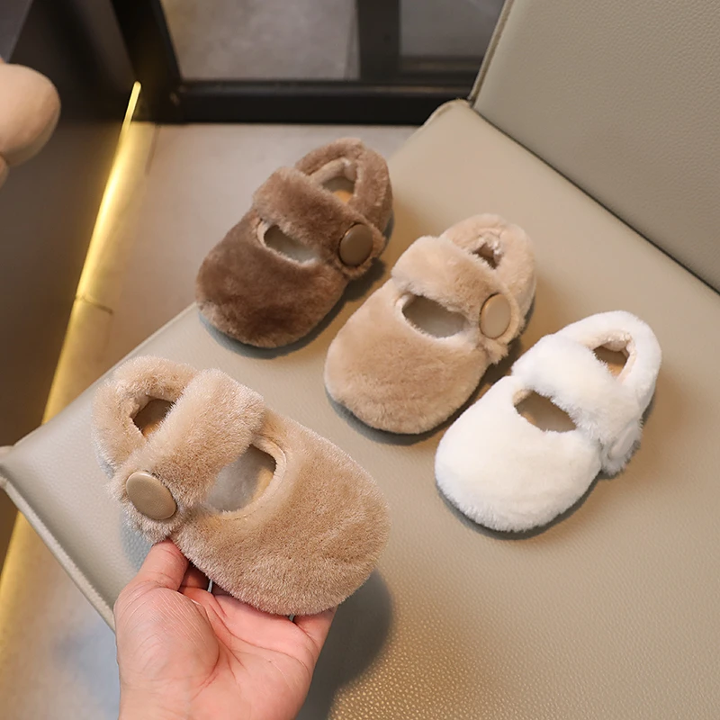 

2025 New Children Fashion Fur Shoes Winter Kids Warm Plush Shoes for Girl Flat Loafers Girls Casual Shoes Детская Обувь