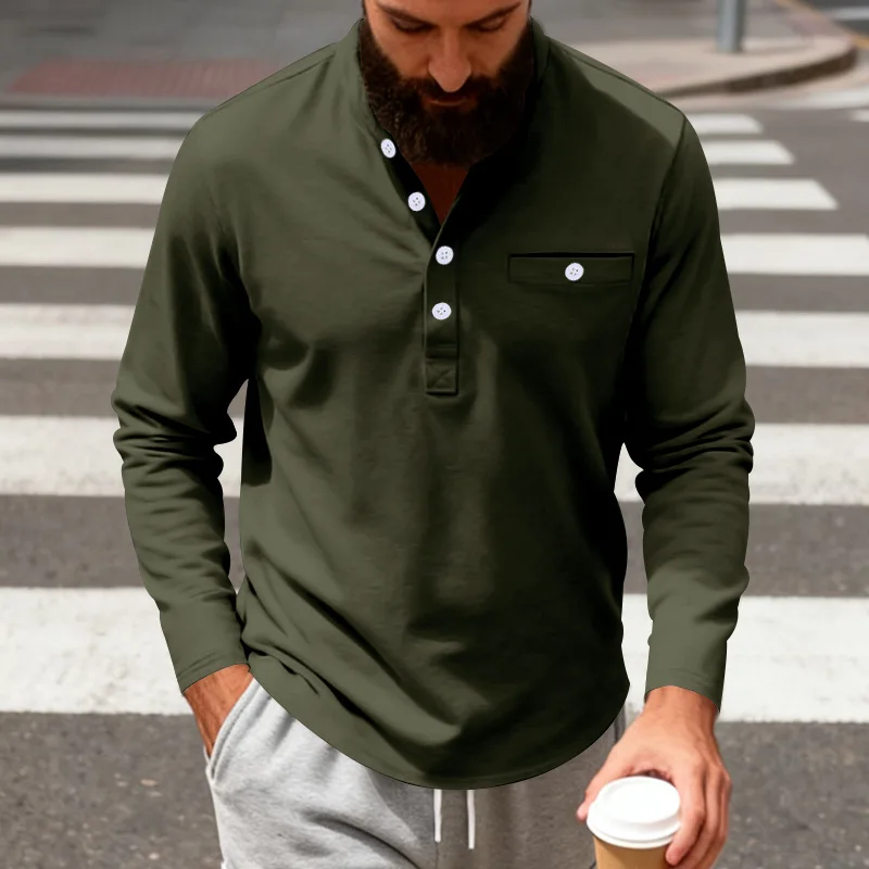 Men's Bottoming Shirt With Autumn And Winter Loose Casual Heavy Stand-up Collar Henry Shirt Long-sleeved T-shirt