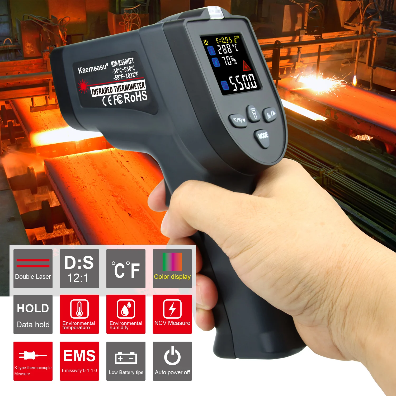 Double Laser Non-Contact Thermometro Gun Industrial high temperature meter termometro Digital Infrared Thermometer