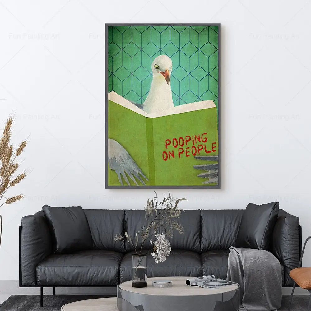 Pigeon Bird Reading Book Bathroom Funny Humorous Pet Canvas Painting Pooping On People Poster Wall Art Picture Toilet Room Decor