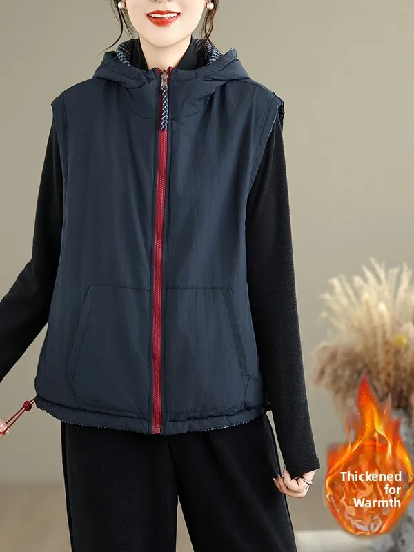 سترة قطنية نسائية بدون أكمام للخريف والشتاء، قابلة للارتداء على الوجهين، بغطاء للرأس، تصميم عصري دافئ بنمط مربعات، مناسبة للت...