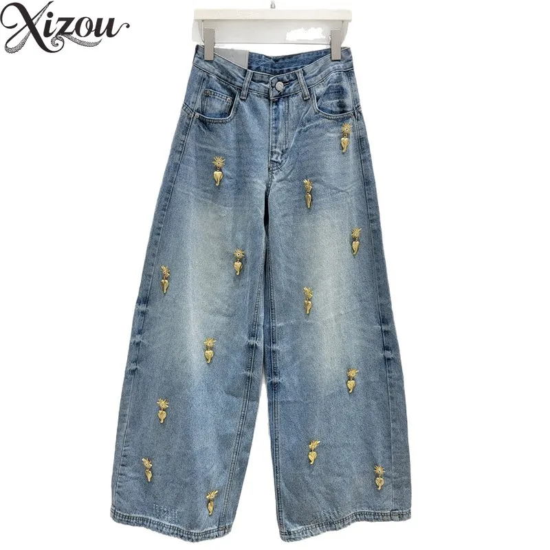 

American High Street Niche Wide Leg Jeans Women 2026 Spring 3D Metal Denim High Waist Pants A-Line Loose Fit Straight Europe