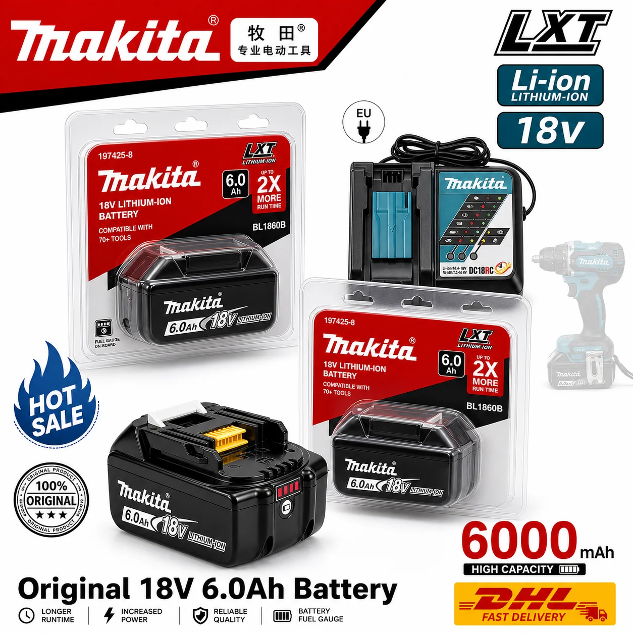 

Makita 18V 6.0Ah High Capacity Li-ion Battery, Durable Long Life Fits BL1815B-BL1860B