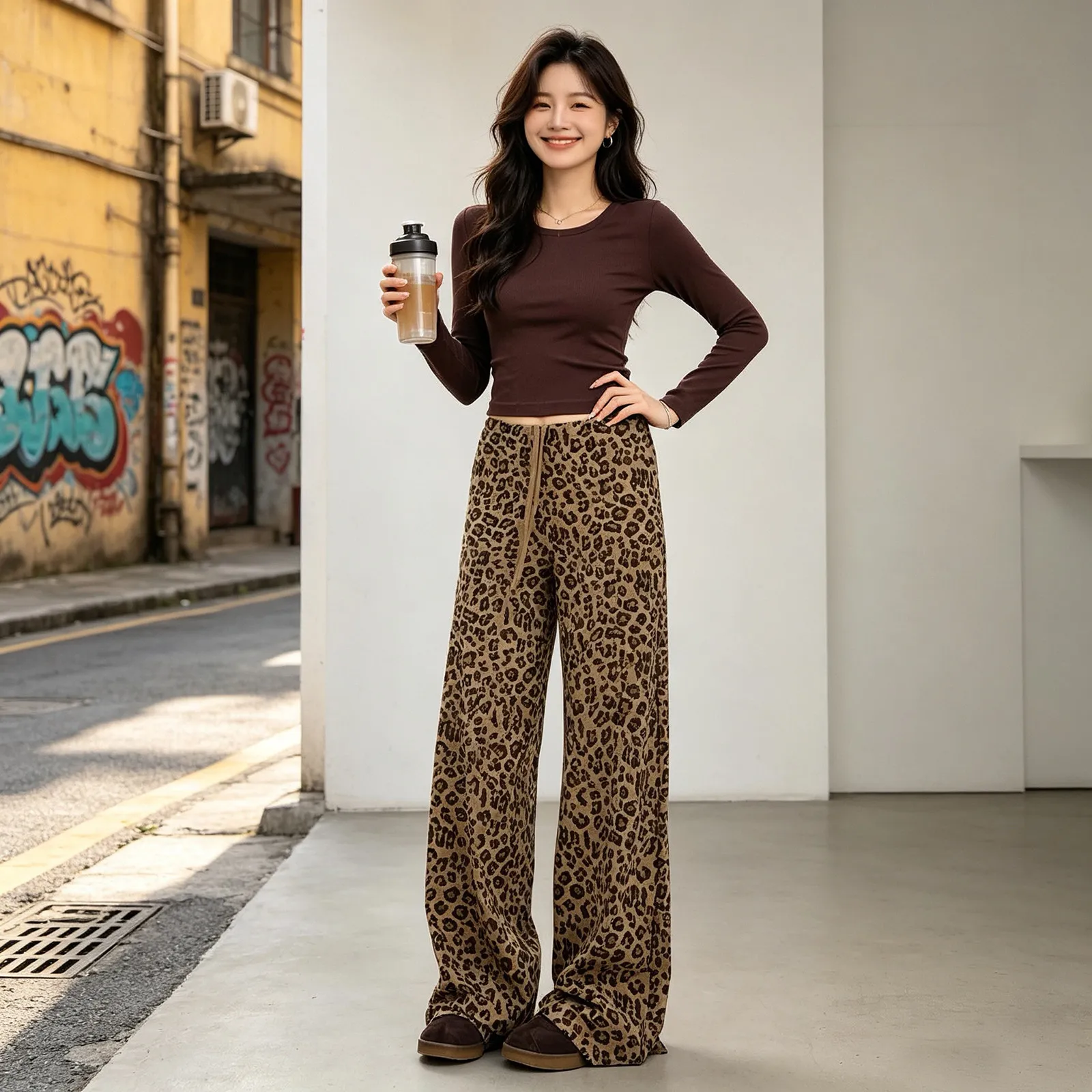Leopardenmuster-Hose mit geradem Bein für Damen, Leggings, hochtaillierte, locker fallende Sporthose, Damen-Fitnesshose, schlankmachende Yogahose. – Detail 7