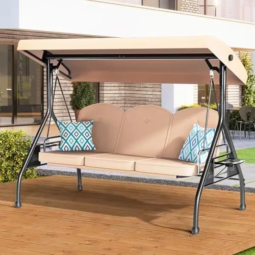 3 Seat Outdoor Porch Patio Swing with Stand 800lbs 2-in-1 Convertible Swing Bed with Adjustable Canopy & Removable
