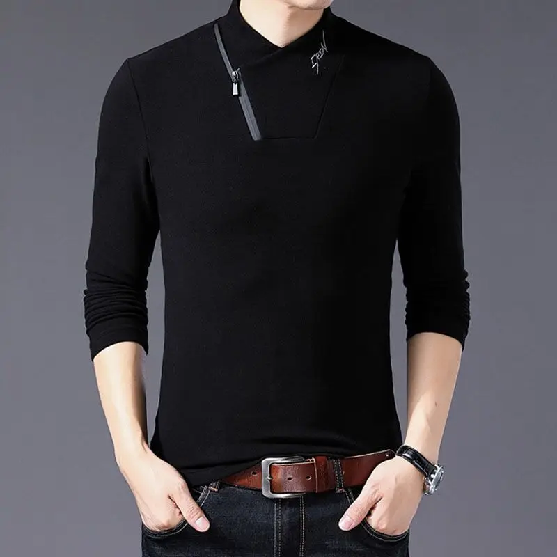 Spring and Autumn 2026 New Men's Semi-turtleneck Zipper Long Sleeve T-Shirt Large Size Dark Retro Cotton Top Thin T-Blood Shirt