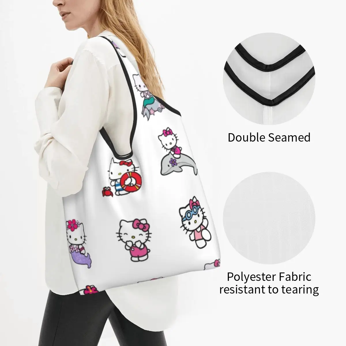 Reusable Funny Hello Kitty Grocery Bags Machine Washable Kawaii Shopping Bags Storage Bag