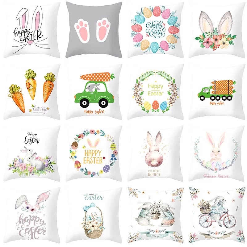 

Home Decoration Easter Happy Rabbit egg print polyester pillow cushion cover funda de almohada