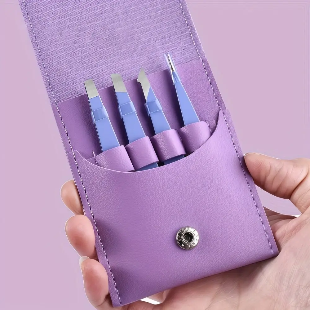 4Pcs/Set Stainless Steel Eyebrow Tweezers Set Oblique Mouth Pointed Tip Beard Tweezers With Storage Bag Hair Removal Tweezers