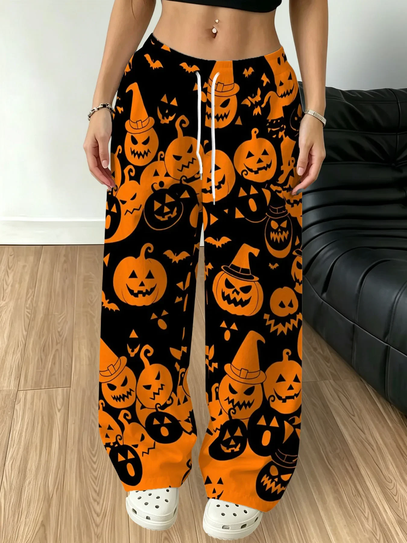 Halloween Jack O Lantern Pumpkin Bat Print Wide Leg Pants Drawstring Elastic Waist Party Casual Trousers Unisex