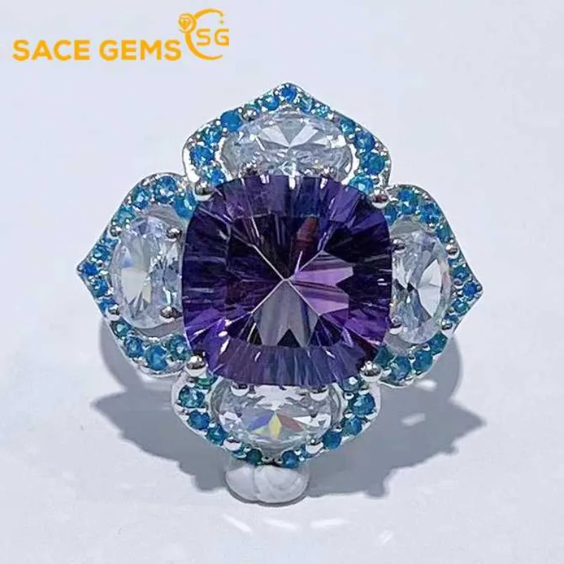 

SACE GEMS New Trend 925 Sterling Silver Raw 11*11MM Natual Amethyst Rings for Women Engagement Cocktail Party Fine Jewelr