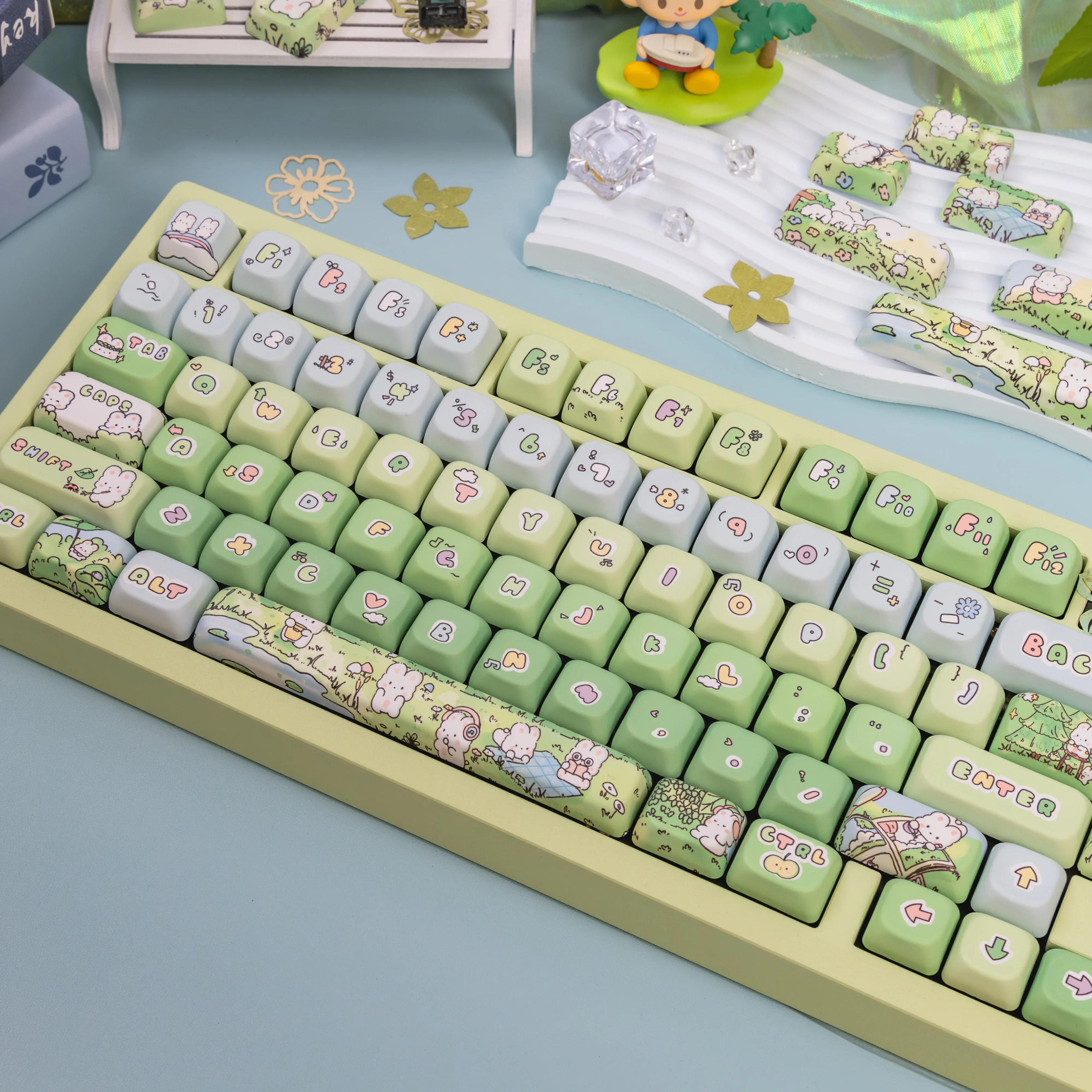 Cute Rabbit PBT Sublimation Keycap Green Series EOA Profile Small Fresh Original Theme Mechanical Keyboard Keycaps 133/141 Keys