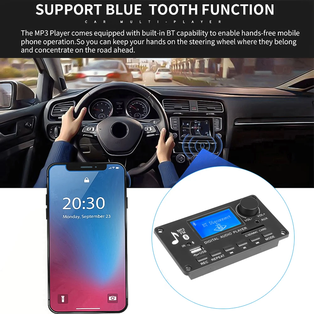 Bluetooth 5.0 MP3 Decoder Board 12V MP3 Player Audio Player with Remote Control FM Radio Module Support Call Recording TF USB