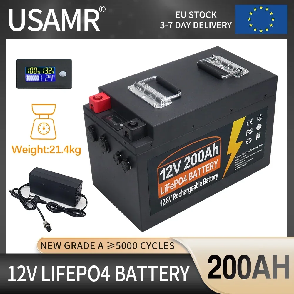 12V 200Ah LiFePO4 Battery Built-in BMS Lithium Iron Phosphate Cells Pack 5000 Cycles Life For RV Campers Golf Cart Solar Storage