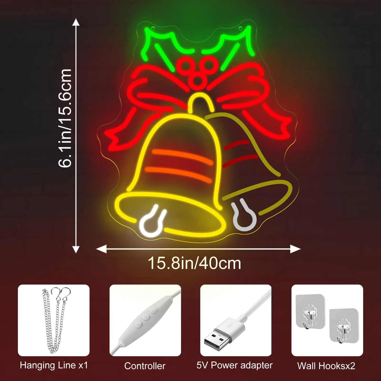جرس عيد الميلاد النيون علامة وامض LED عطلة القوس الأحمر والأجراس جدار ديكور فني لحفلة عيد الميلاد احتفالية ديكور المنزل