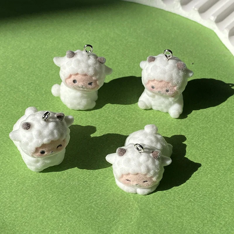 20pcs 3D Fluffy flocking Cute Little Sheep Charms Cartoon Resin Doll Pendant For DIY phone bag keychain crafts Jewelry make