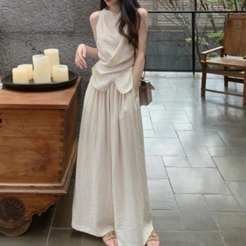 

French Sleeveless Vest with Waist Cinched Top Women's Summer New Loose Casual Pants Skirt Two-piece Set
