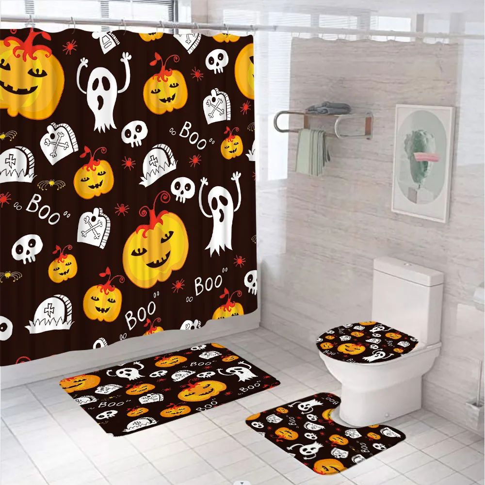 Halloween Night Bathroom Set with Shower Curtain Rugs Accessories Pumpkins Crow Full Moon Bath Curtain for Bathroom Decor 4Pcs