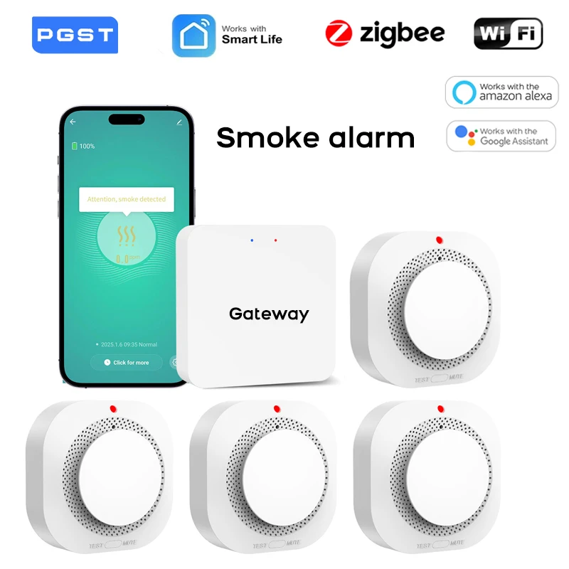 Smart WiFi ZigBee Smoke Alarm Tuya Multiple Pack Fire Detector Sensor for Home Security Protection Works with Smart Life APP