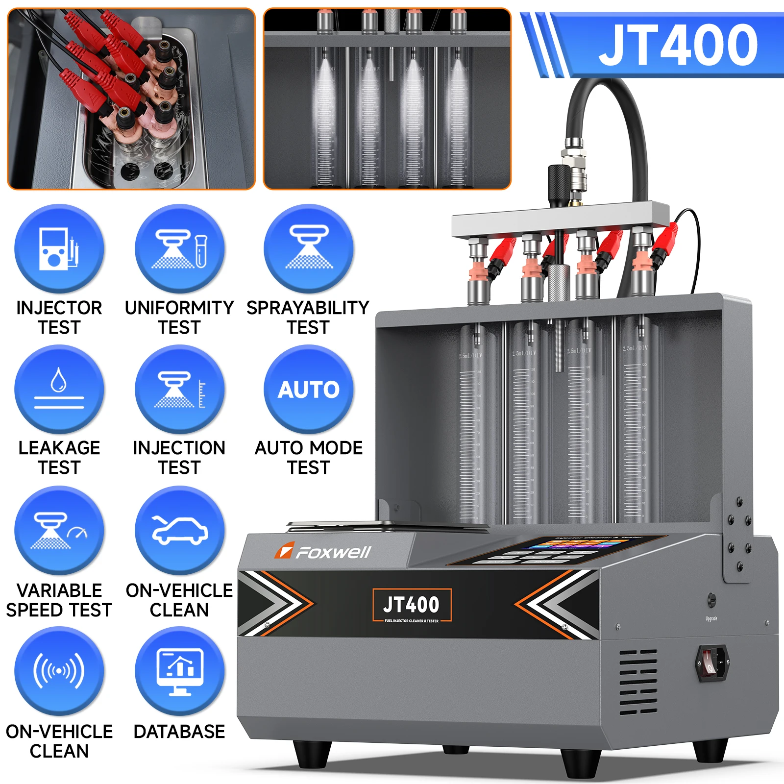 

FOXWELL JT400 Injector Cleaning Machine Dual Channel lnjector Cleaning Tool Test Built-in Air Pump for 12V Car Motocycle