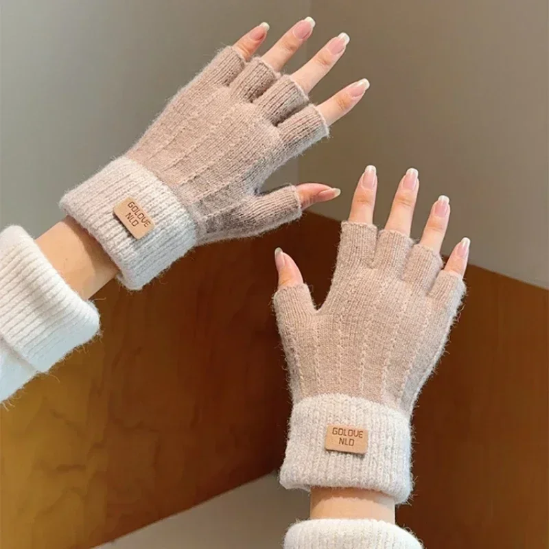 Knitted Thick Thermal Half Finger Gloves Women Men Winter Outdoor Warm Wool Driving Fingerless Glove Touchscreen Mittens