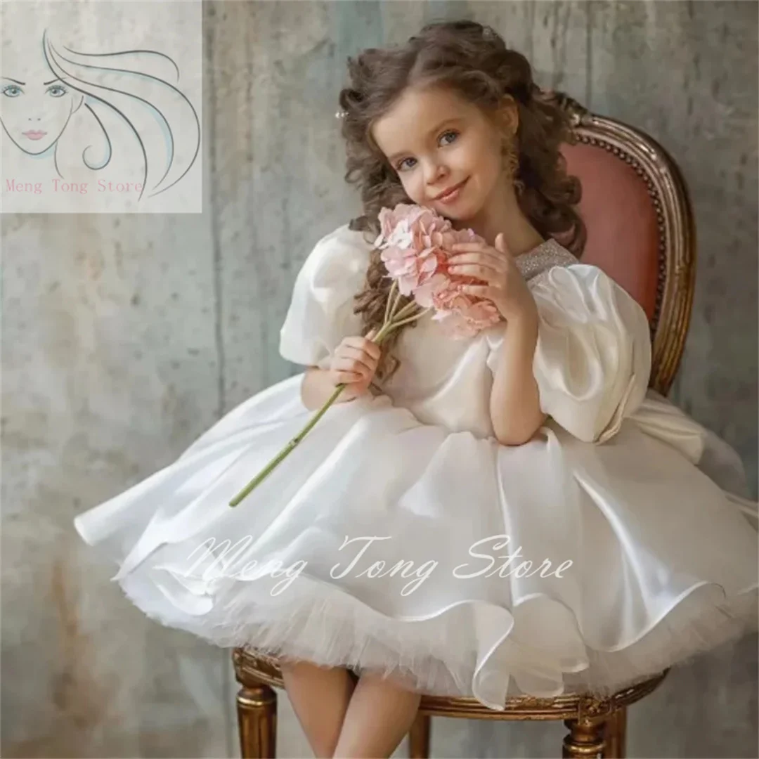 

Flower Girl Dresses White Satin Puffy Sequin With Bow Short Sleeve For Wedding Birthday Banquet First Communion Gowns