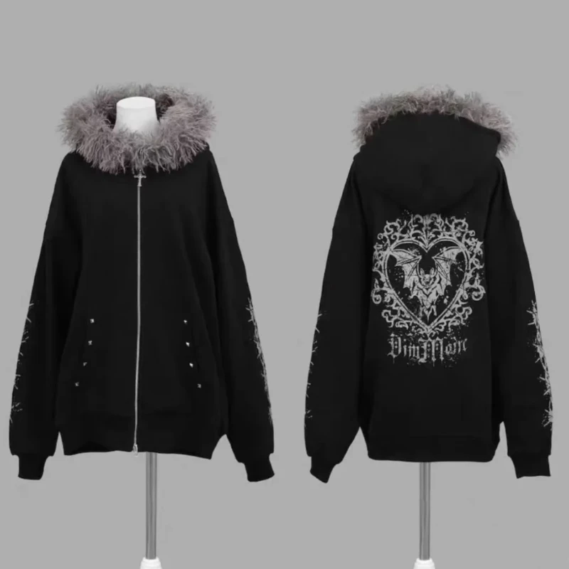 الخريف القوطية الأمريكية الرجعية قلنسوة بسحاب سترة المرأة التطريز إلكتروني تصميم البلوز Harajuku 2000s الملابس الدافئة #1