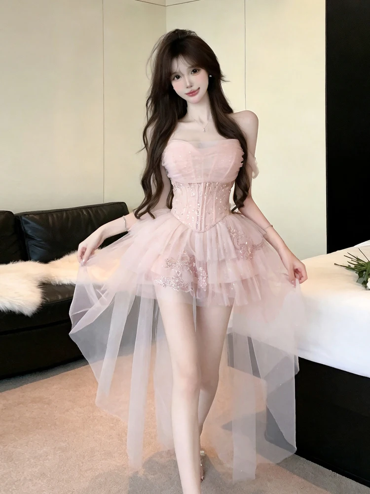 Afashion Elegant Fishbone Strap Vest Heavy Embroidery Tulle Half Skirt Set French Style Fashionable Summer Outfit for Young Wo