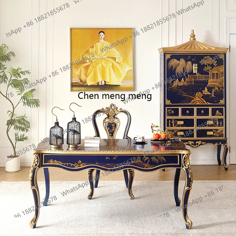 

French Chinese style villa hand-painted solid wood rectangular dining table book table chair writing desk computer table