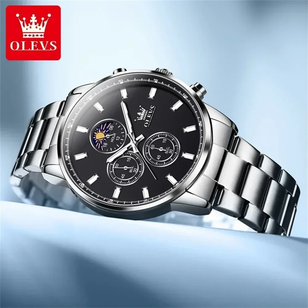 OLEVS-Reloj de pulsera de lujo para hombre, cronógrafo luminoso, fase lunar, resistente al agua, clásico