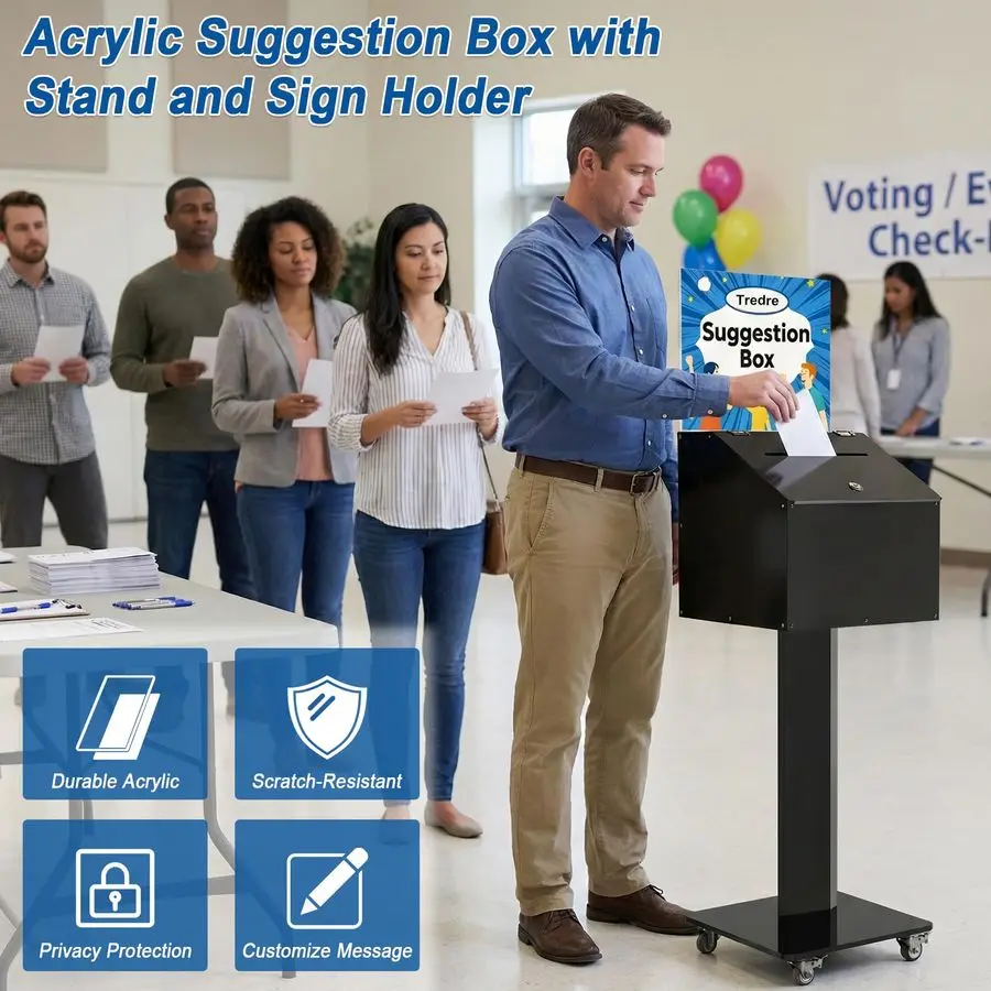 صندوق اقتراحات أكريليك كبير مع قفل 39.6 13.8 13.8، صندوق تبرع قائم على الأرض مع حامل لافتة، صندوق الاقتراع للتصويت، شار