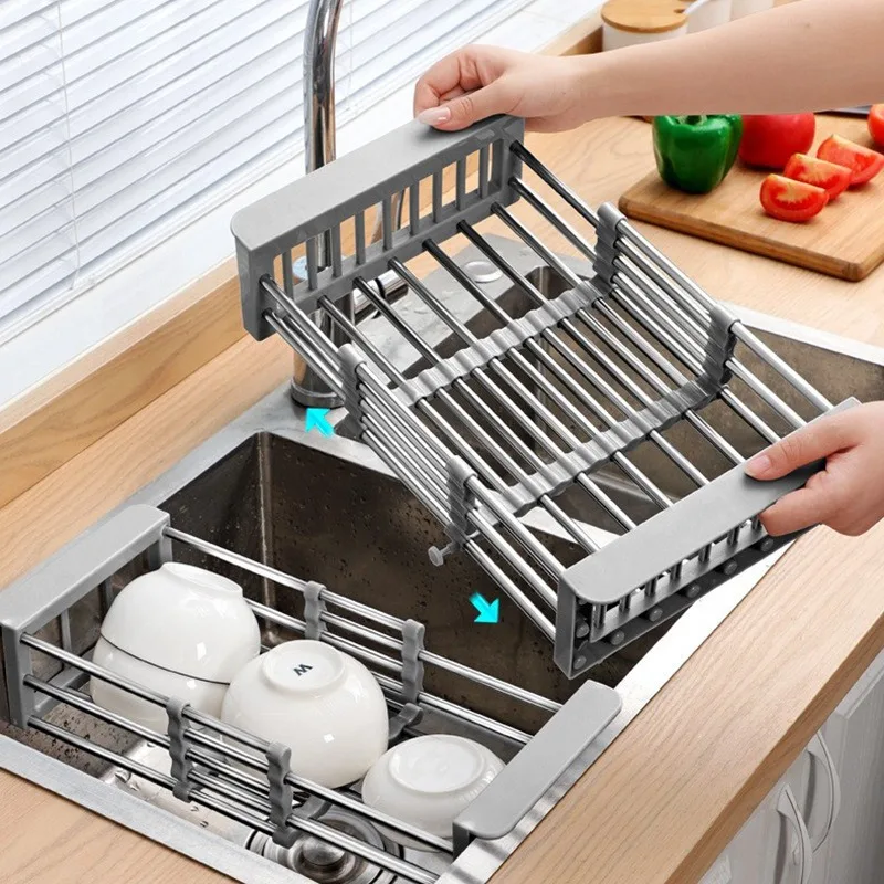 Estante de secado de platos extensible de acero inoxidable, escurridor de fregadero de cocina, herramientas telescópicas para lavado de frutas y verduras