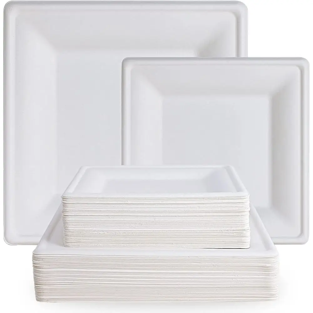 

120 Pack Compostable Paper Plates, 10 inch and 8 inch Heavy Duty Eco Friendly Sugarcane Biodegradable Disposable Square Plates f