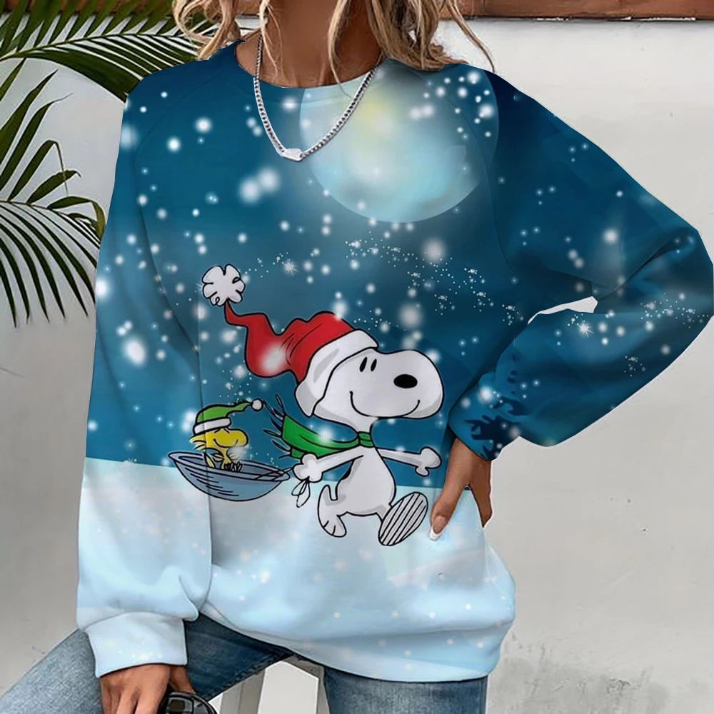 2024 autumn/winter new 3D printed women\'s Snoopy cartoon Christmas round neck pullover for women\'s street parties