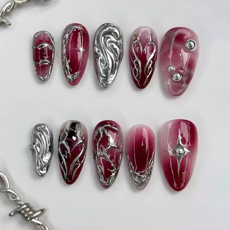 24 piezas de uñas postizas con lazo plateado y diamantes, estilo chica picante, con pegamento, en forma de almendra, negras, estilo Y2K 3