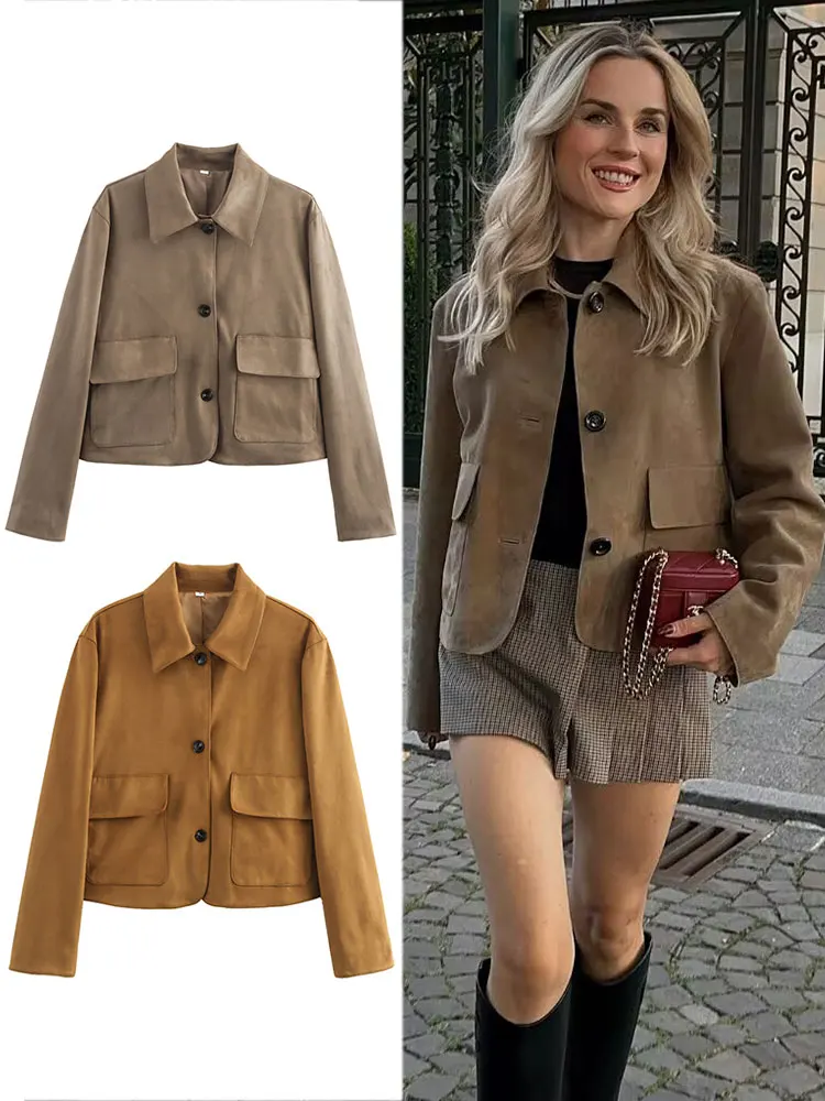 

HH женское винтажное однотонное замшевое пальто с отложным воротником и длинными рукавами, укороченная куртка, осень 202, повседневная офисная женская верхняя одежда