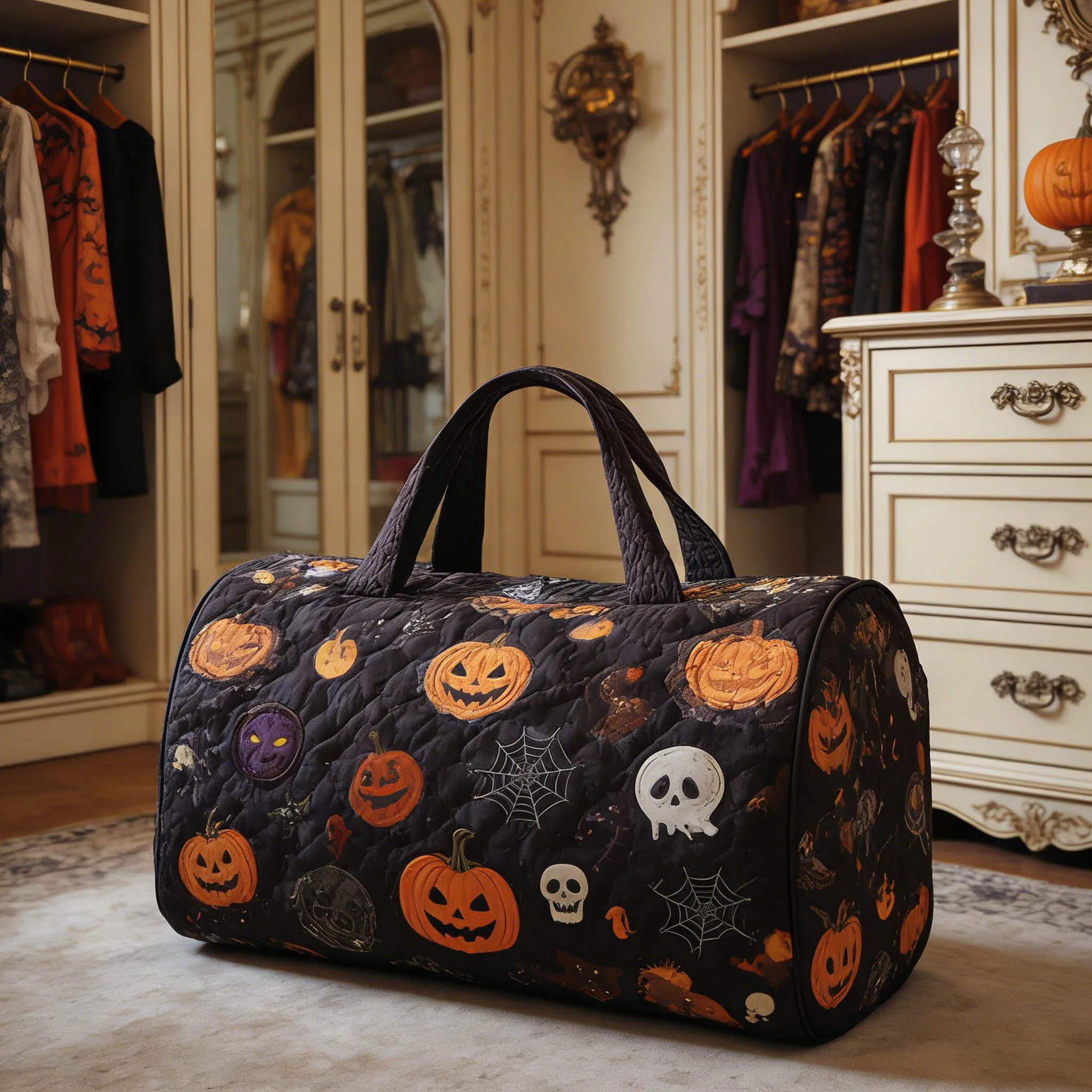 

Halloween Pumpkin Skull Quilted Duffle Bag Gothic Dark Style Weekender Travel Bag for Holiday Party Overnight Luggage