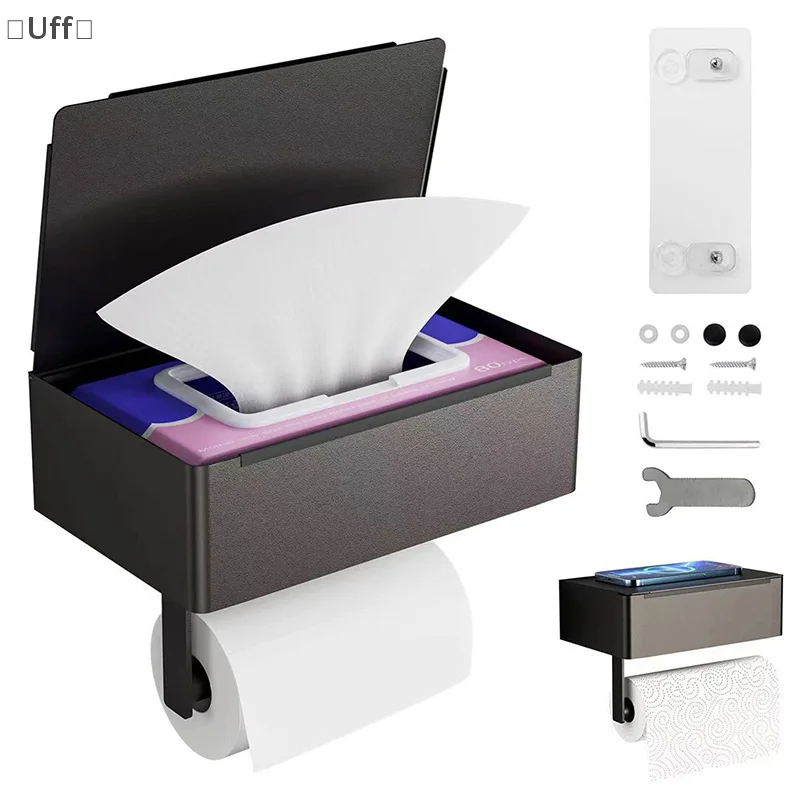 

Wall Mounted Toilet Paper Holder With Shelf And Storage Box Multi-function Wipes Dispenser Fits For Bathroom Wipe Storage