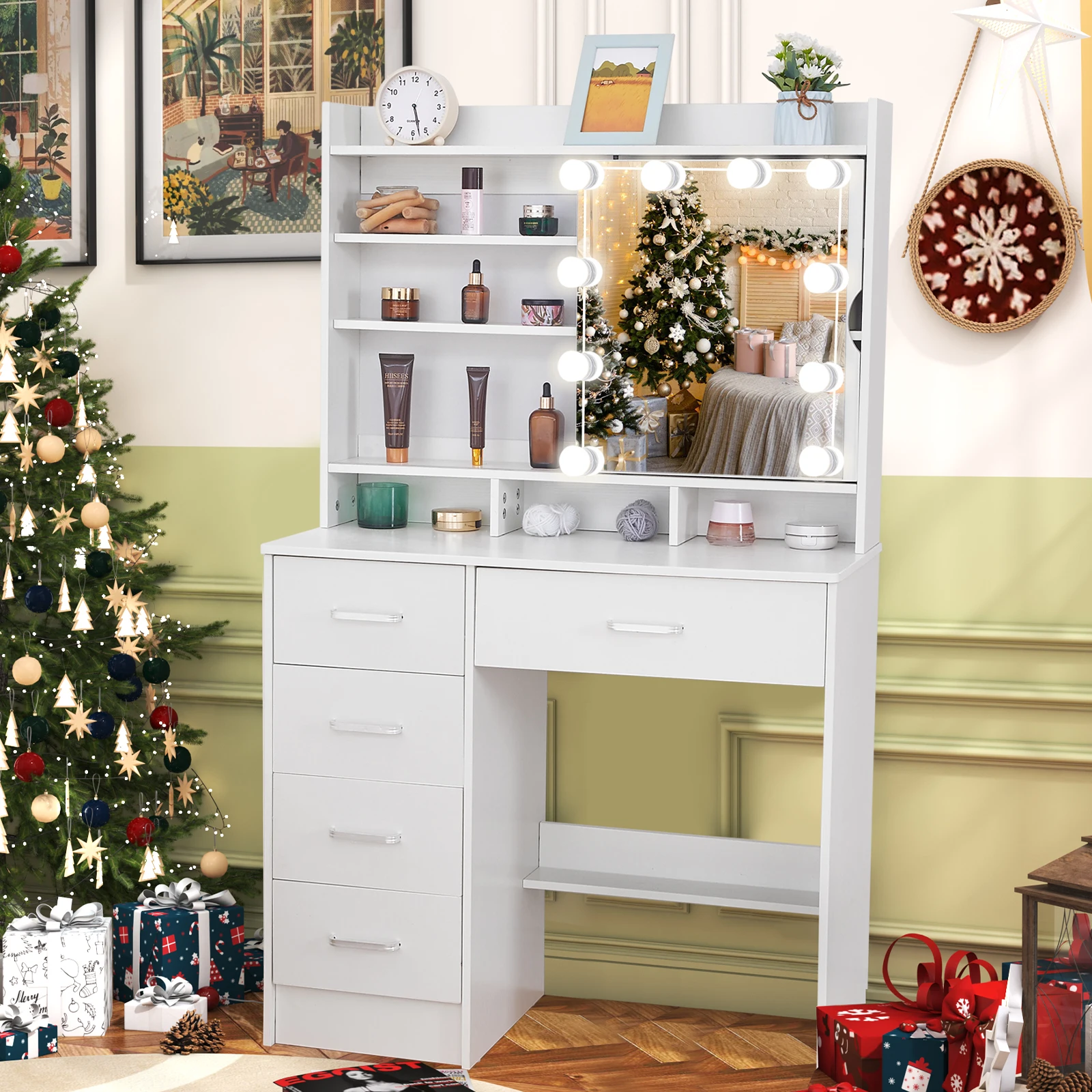 【صفقات 11.11، عروض الجمعة السوداء 2025】مجموعة طاولة مكياج لخزانة الملابس مع مرآة مضاءة بإضاءة LED + 5 أدراج