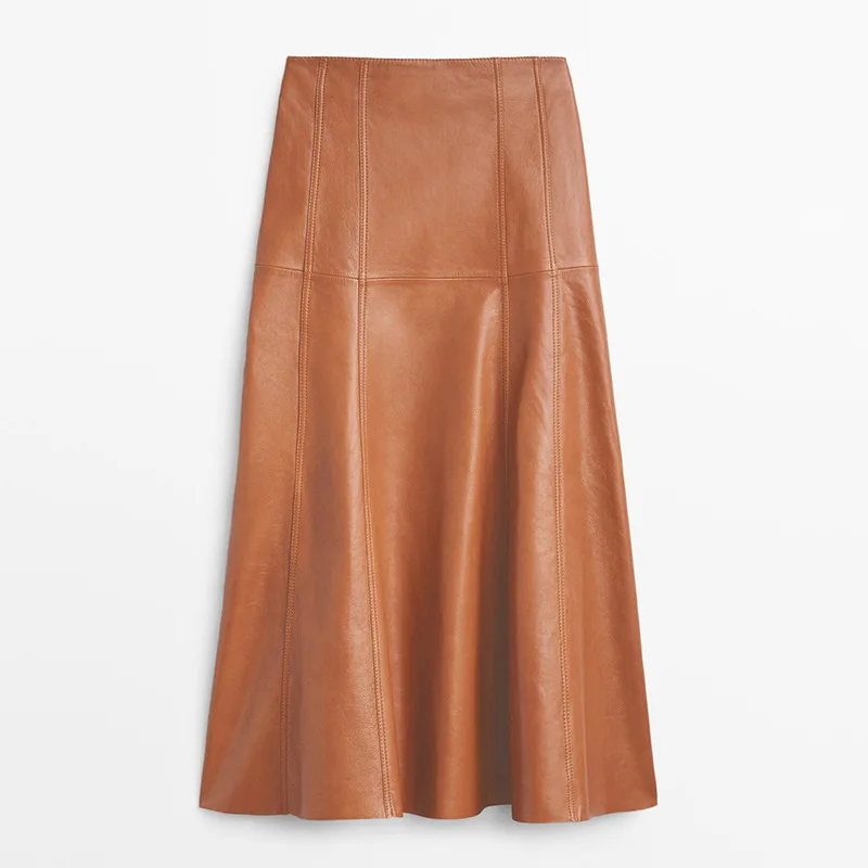 

2023 Genuine Leather Skirt Spring and Autumn New High Waist Slim Splicing Elegant Knee Over Fish Tail Long Dress Sheepskin Half