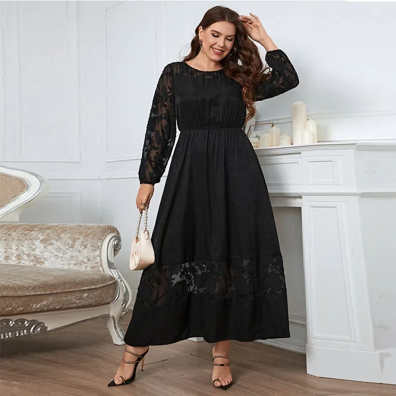 Plus Size Lace Women Dress See Through Long Sleeves Robe Scroop Neck Solid Color Dress Autumn Female Elegant Clothing Gown