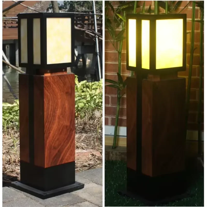 Wood Grain Marble Lantern Pillar Decor Garden Lawn Lamp Patio Landscape Floor Column Lights Path Bollard Light